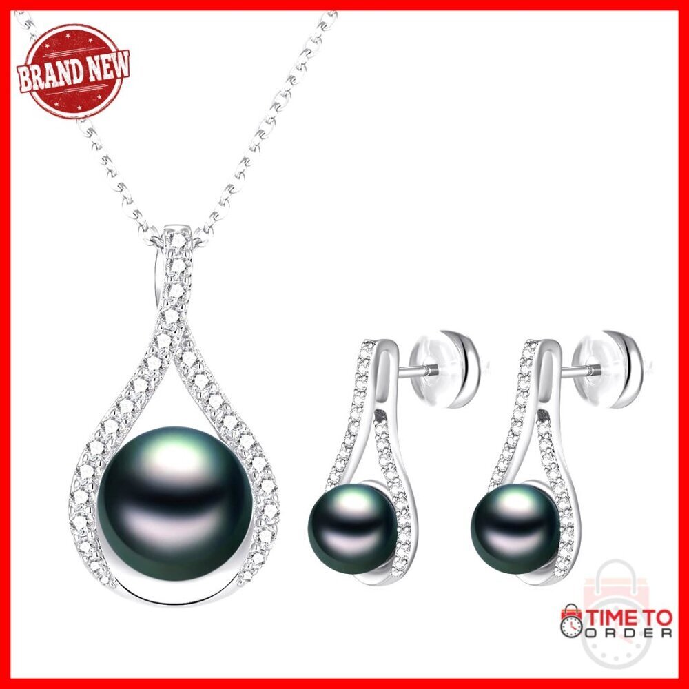 Sterling Silver Pearl Jewelry Set Adjustable Necklace Earrings Anniversary Gift